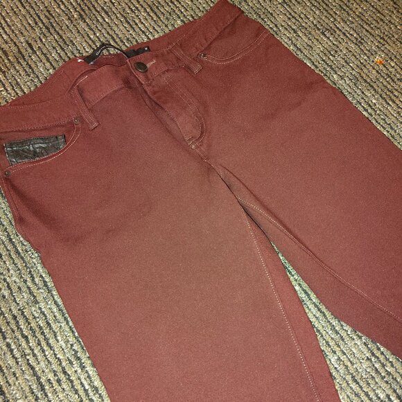 Calvin Klein Burgundy Stretch Skinny Pant Faux Leather Trim + Denim Look SZ 10 - Picture 2 of 6